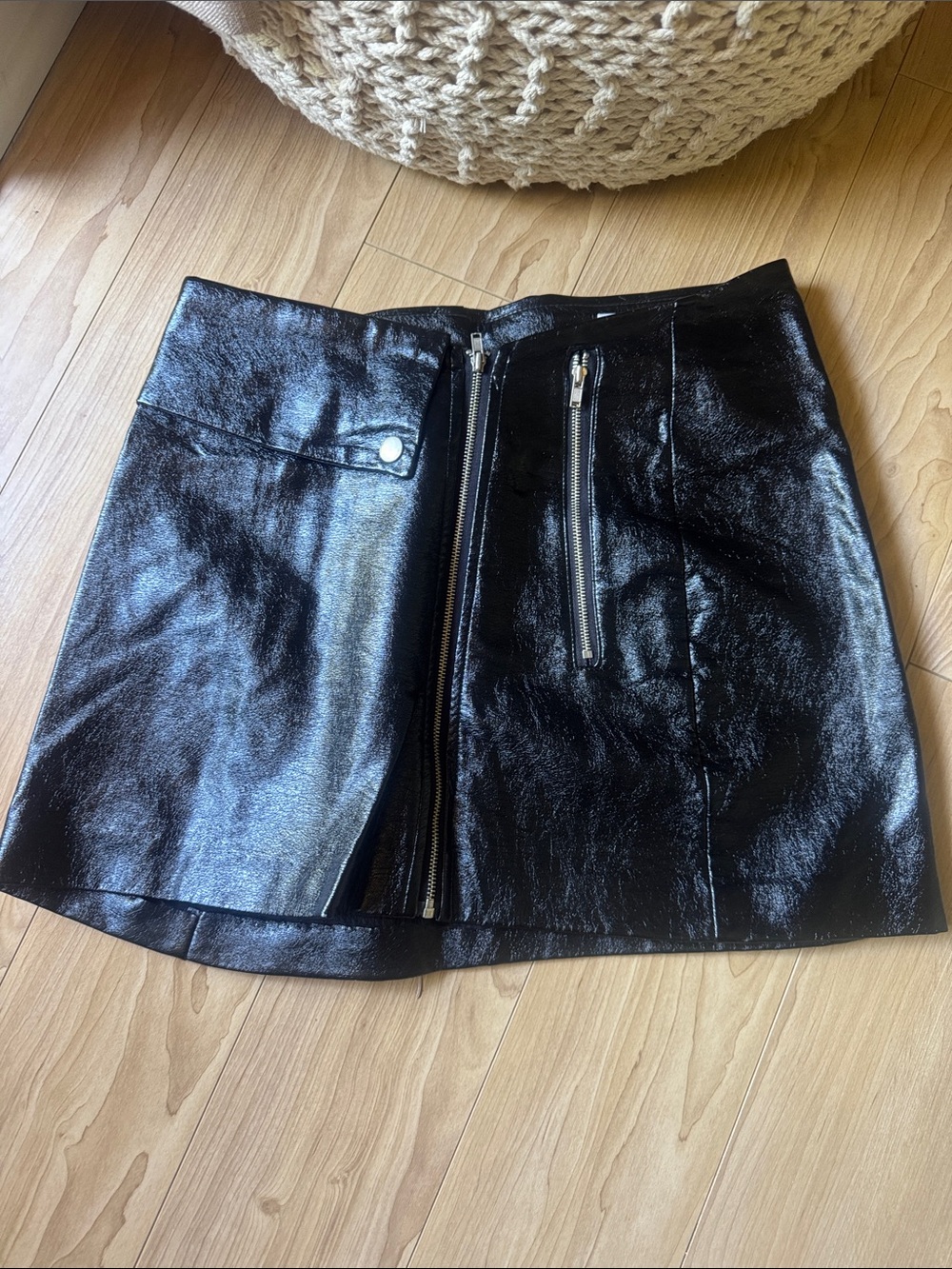 storets Black Patent Mini Skirt with Front Zips